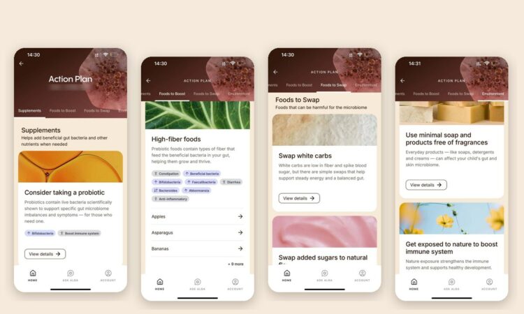 Fyra skärmdumpar ur Alba Healths app som visar handlingsplanens flikar