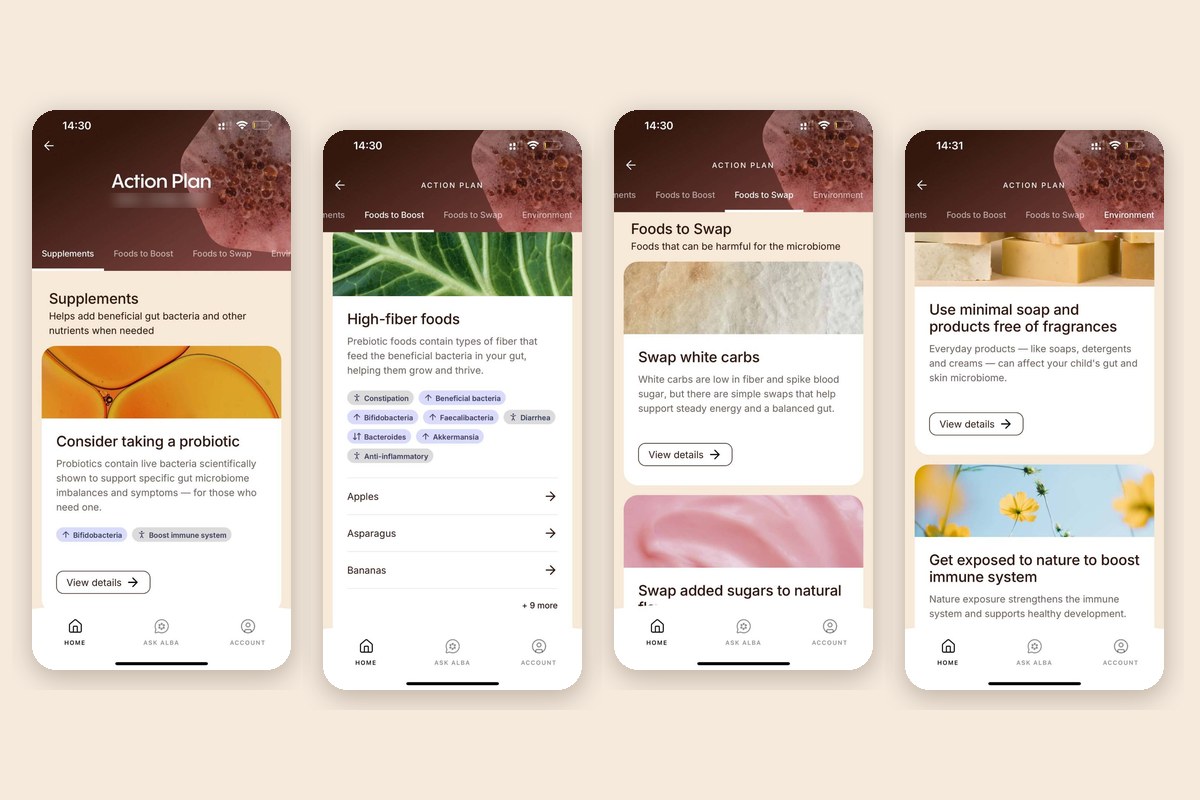 Fyra skärmdumpar ur Alba Healths app som visar handlingsplanens flikar