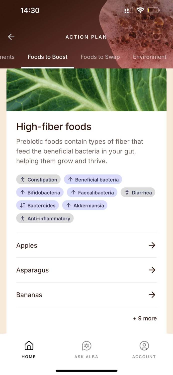 Alba Health-appen: kortet High-fiber foods med taggar för förstoppning, diarré och flera bakteriegrupper