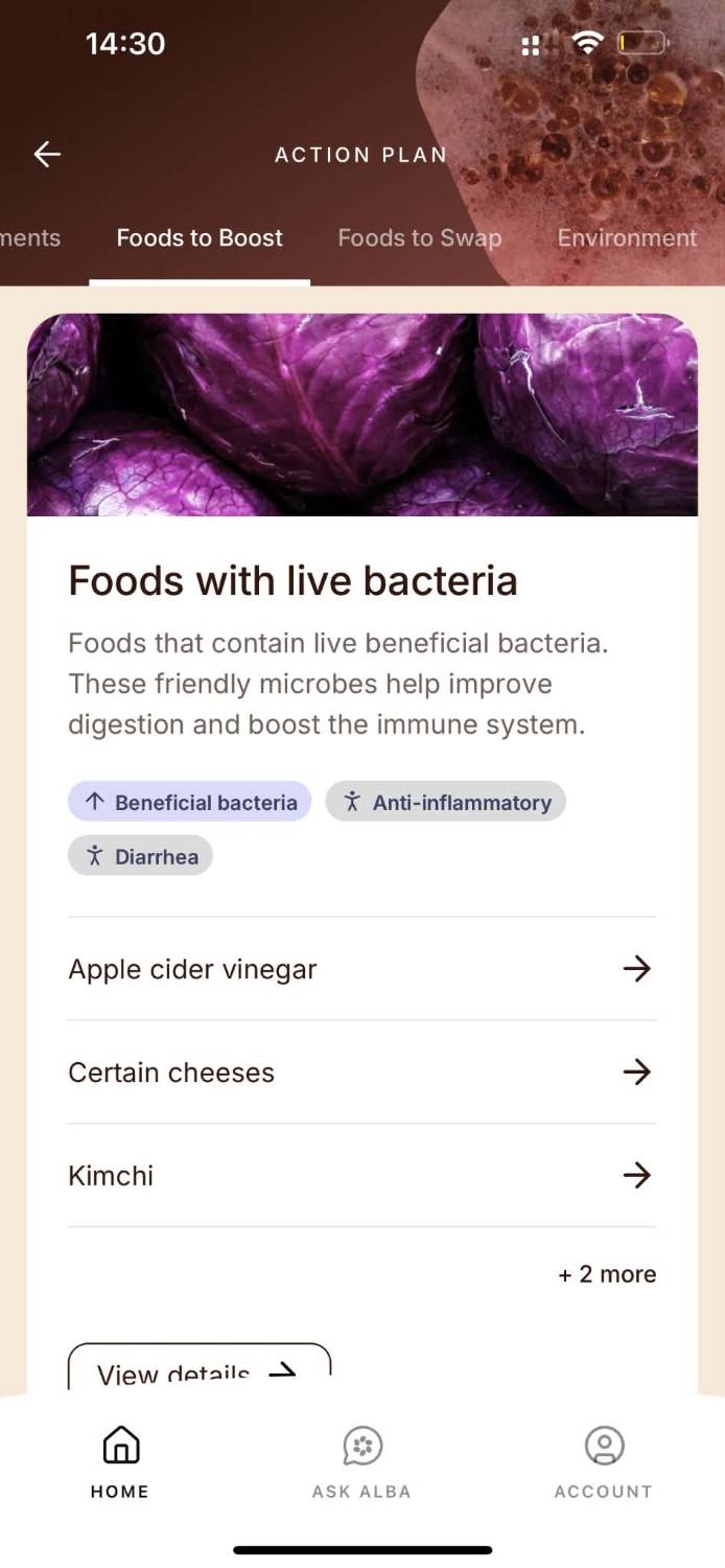 Alba Health-appen: kortet Foods with live bacteria med äppelcidervinäger, ost och kimchi