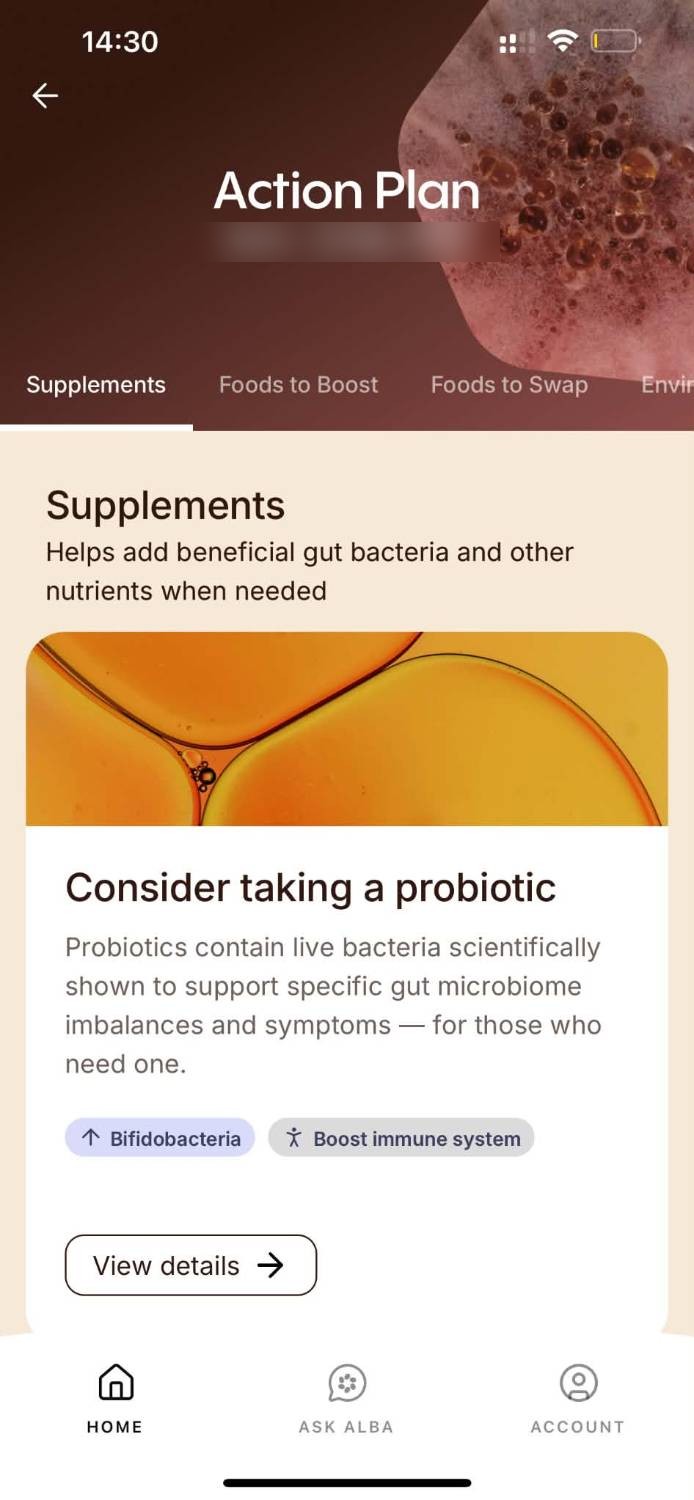 Alba Health-appen: kortet Consider taking a probiotic under fliken Supplements