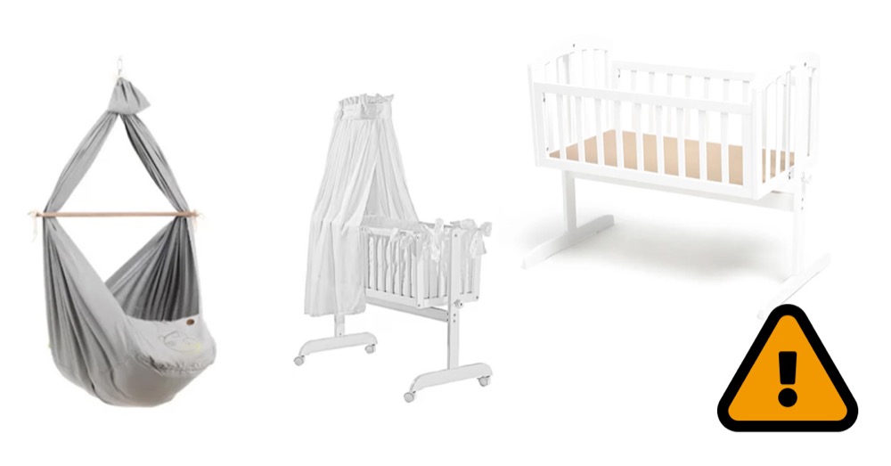 De tre återkallade barnvaggorna: Nonomo hängvagga, JLY Dream Cradle Wilma och My Baby Lous Linda Wiege