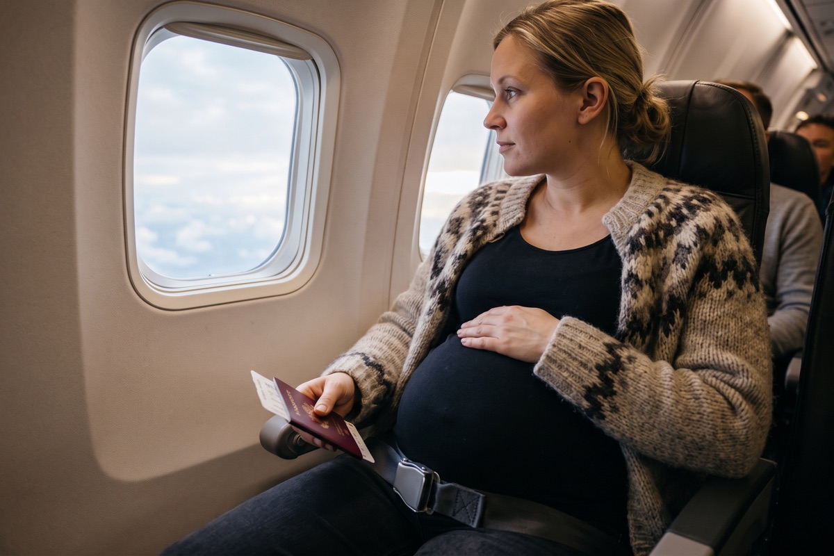 Gravid kvinna sitter på fönsterplats i ett flygplan med säkerhetsbältet spänt lågt under magen