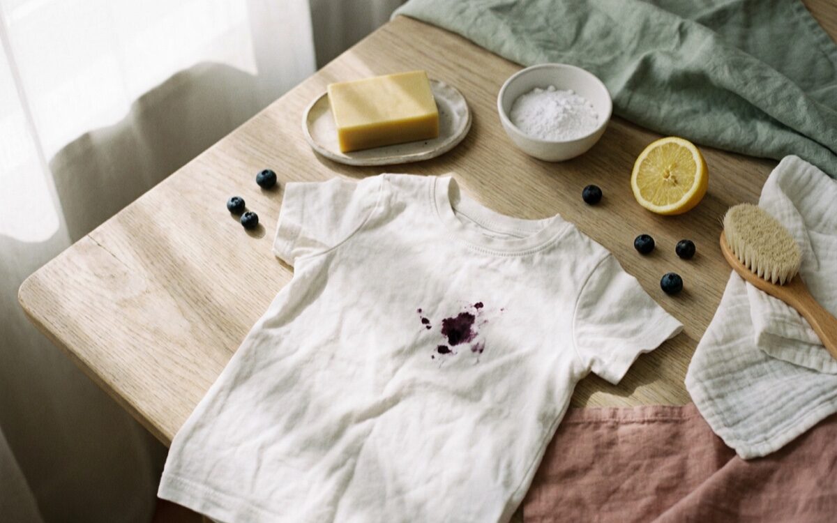 Barn-t-shirt med blabarsflack pa ett kaksbord, bredvid galltval, bikarbonat, citron och borste