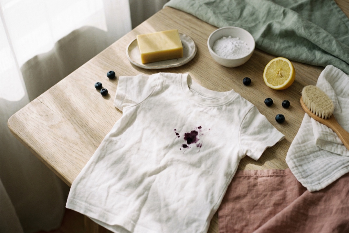 Barn-t-shirt med blabarsflack pa ett kaksbord, bredvid galltval, bikarbonat, citron och borste