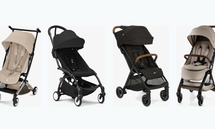 Fyra resevagnar bredvid varandra: Cybex Libelle, Stokke YOYO3, Joie Pact Pro och Britax Römer Flylite
