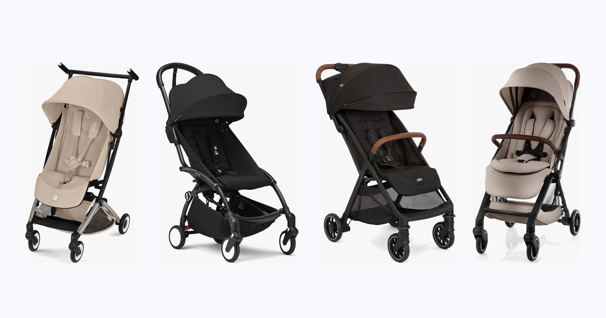 Fyra resevagnar bredvid varandra: Cybex Libelle, Stokke YOYO3, Joie Pact Pro och Britax Römer Flylite