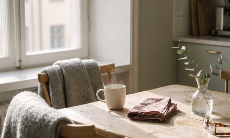 Soligt köksbord vid ett fönster med en kopp te, en hopvikt servett och eukalyptus i en glasvas